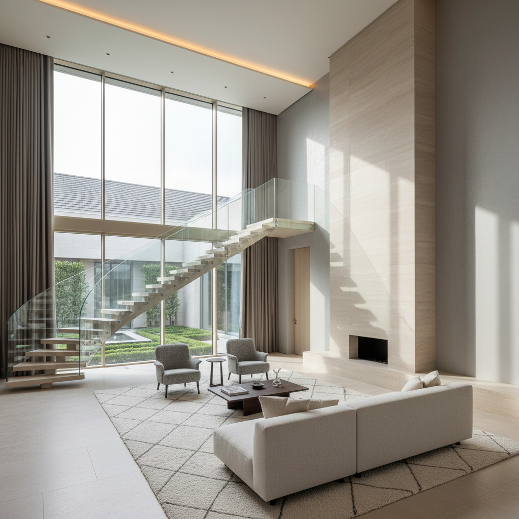 A meticulously designed double-height living room in a contemporary luxury home, featuring a sculptural floating staircase in light oak and glass, rising alongside a full-height window wall overlooking a manicured courtyard. A monolithic limestone fireplace anchors one side, seamlessly integrated into a polished plaster wall in soft dove gray. The furniture is low-profile and neutral, with a large textured wool rug defining the seating area. Soft afternoon natural light floods the space, enhanced by hidden cove lighting in the ceiling, creating gentle, layered illumination and refined shadows. Captured in photographic realism from a slightly elevated corner angle, the composition showcases volume, ceiling height, and material continuity. The atmosphere is calm, restrained, and intellectually sophisticated, emphasizing architectural excellence and enduring value rather than ostentatious display.