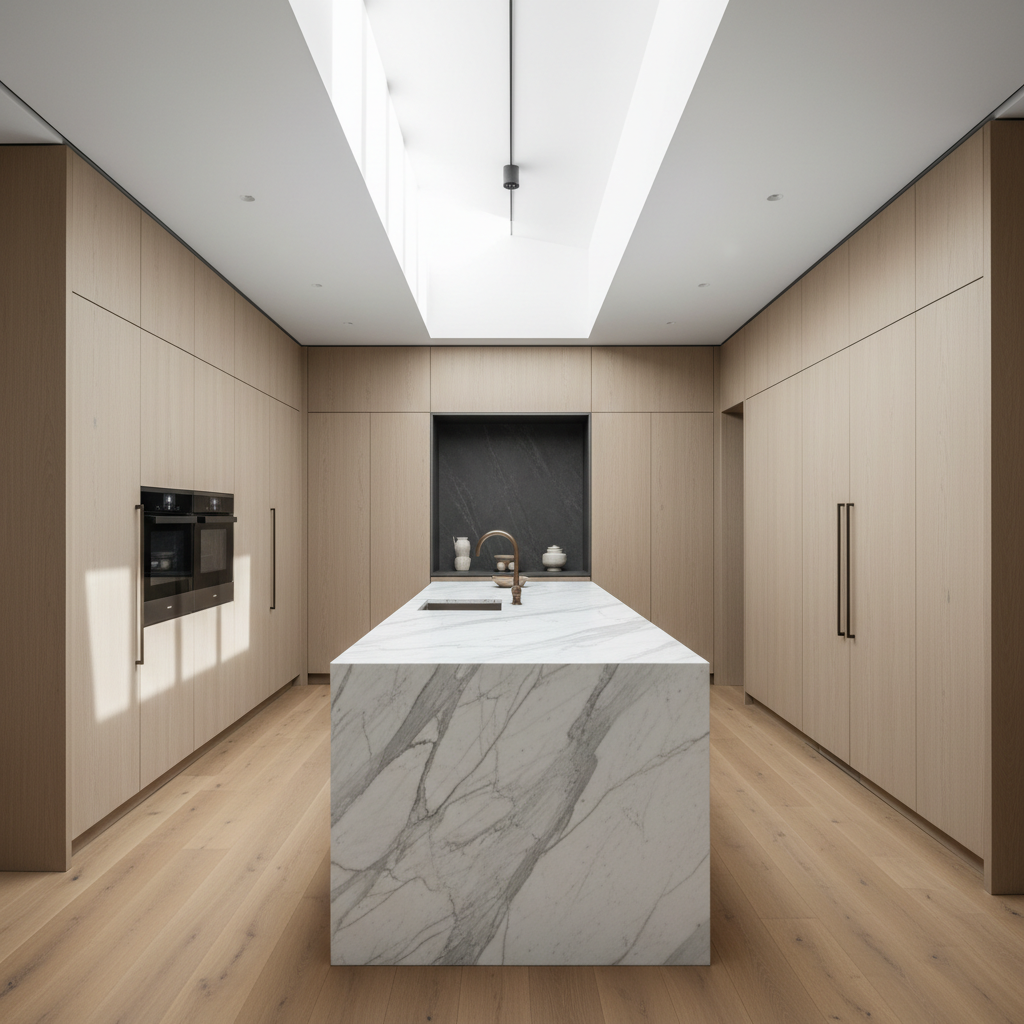 An ultra-refined open-plan kitchen in a high-end residence, centered on a long island clad in honed Calacatta marble with subtle gray veining, waterfall edges, and integrated minimal bronze fixtures. Behind it, full-height bespoke cabinetry in rift-sawn white oak conceals appliances, with a single niche of dark stone creating contrast. A linear skylight above casts diffused daylight onto the island, creating soft highlights along the marble and delicate shadow lines along the cabinetry grain. The floor is seamless wide-plank oak, running lengthwise to elongate the space. Photographic realism with a straight-on, wide-angle composition focuses on symmetry and precision. The mood is quietly luxurious, functional, and investment-minded, suggesting thoughtful design decisions and timeless finishes appropriate for an analysis of enduring property value.