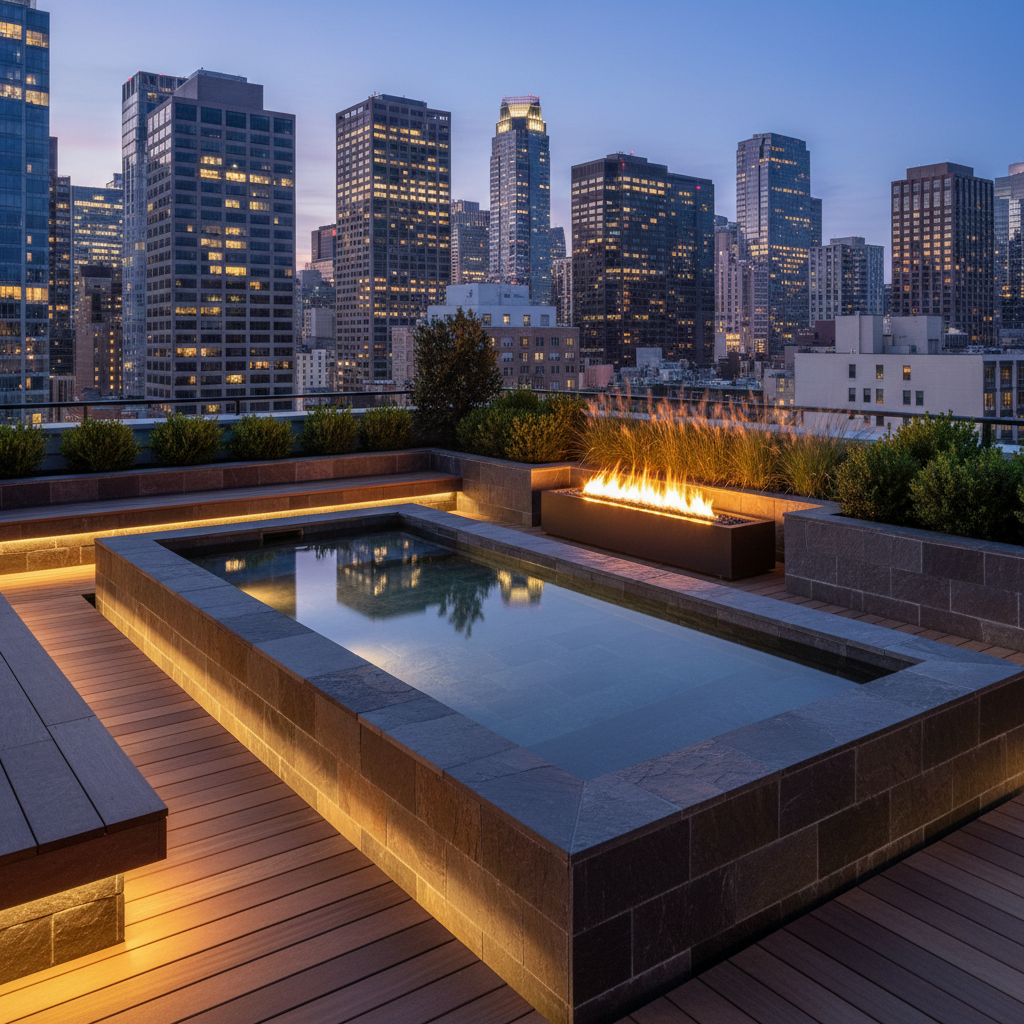 A secluded rooftop terrace of a luxury urban penthouse, featuring a low-profile plunge pool clad in dark basalt stone, edged with a narrow strip of warm teak decking. Built-in, backlit planters with evergreen shrubs and architectural grasses frame the perimeter, while a single linear fire feature in brushed black steel runs parallel to the city skyline beyond. Dusk light mixes with subtle integrated LED strip lighting beneath the pool lip and bench seating, creating a sophisticated interplay of reflections on the water’s surface. Photographic realism with a slightly elevated wide-angle view captures both the intimate terrace details and distant skyline towers. The mood is exclusive yet contemplative, highlighting outdoor livability, privacy, and the strategic appeal of premium vertical real estate in a dense urban context.