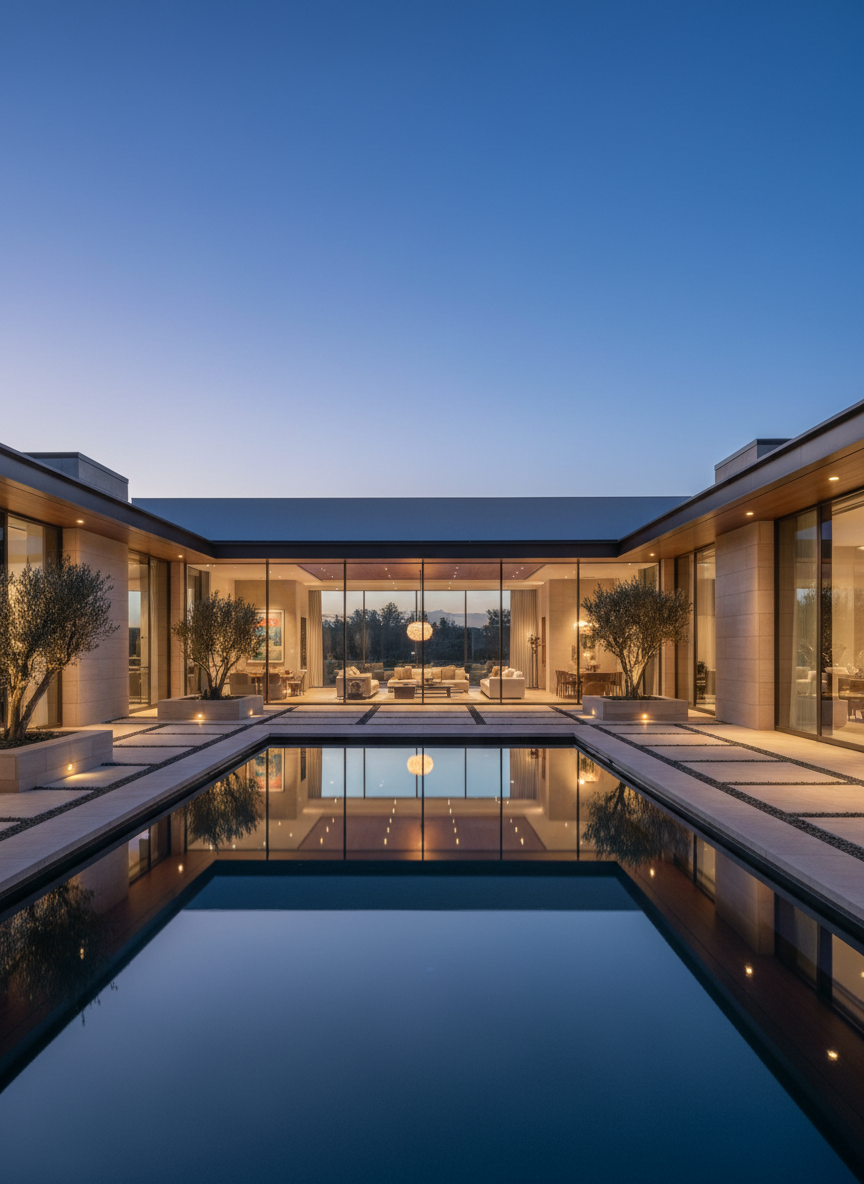 An expansive modern luxury residence viewed from the exterior at twilight, with floor-to-ceiling glass walls revealing softly lit, elegantly furnished interiors. The facade combines warm limestone, dark bronze metal accents, and smooth white stucco, all mirrored crisply in a still infinity pool in the foreground. Discreet recessed pathway lighting traces a geometric stone terrace, while mature sculpted olive trees in low planters add texture and depth. Photographic realism with a wide-angle, eye-level composition emphasizes horizontal lines and generous proportions. The sky holds a deep blue after-sunset gradient, casting a serene, contemplative mood. Subtle reflections on the glass and water, along with precise, clean shadows, create a sophisticated, high-end architectural atmosphere suitable for a luxury real estate journal cover.